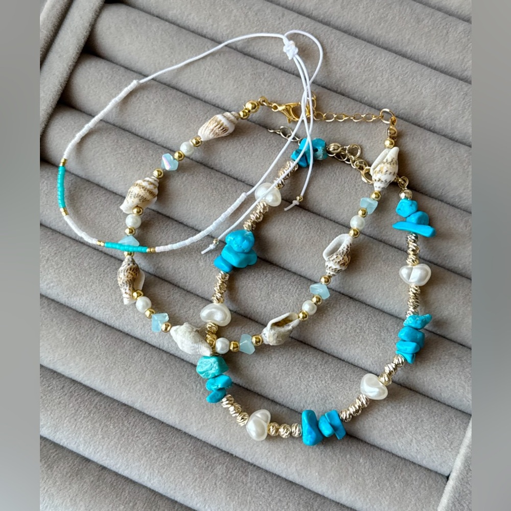 3/$40 Last Set 🔥 Turquoise and Gold Beaded Anklet Set 3 Pc Set Summer Beach - Picture 6 of 10